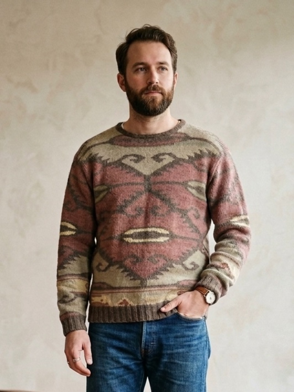 Polo Ralph Lauren Vintage Hand Knit Southwestern Aztec Sweater L Cotton Silk